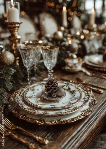 Elegant Holiday Table Setting With Golden Decor and Pinecones for Festive Gat...
