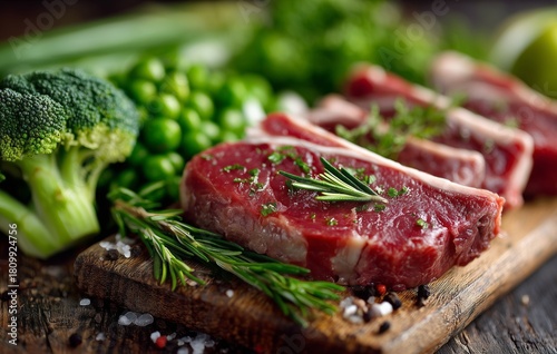Freshly Prepared Meat Cuts on a Wooden Board With Vegetables and Herbs in a K...