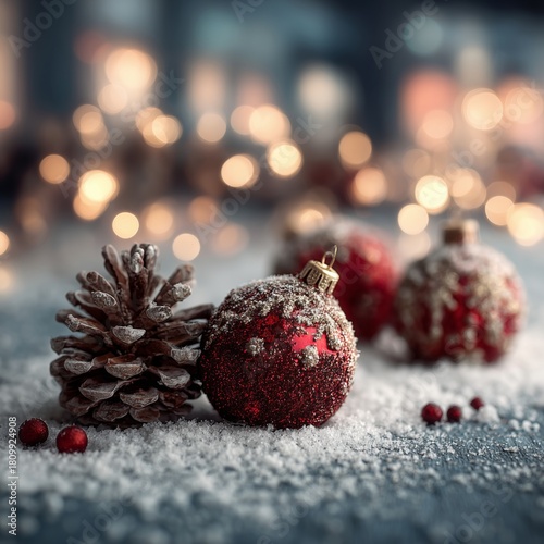 Winter Decorations Featuring Red Ornaments and Pine Cones in Snowy Street Set...