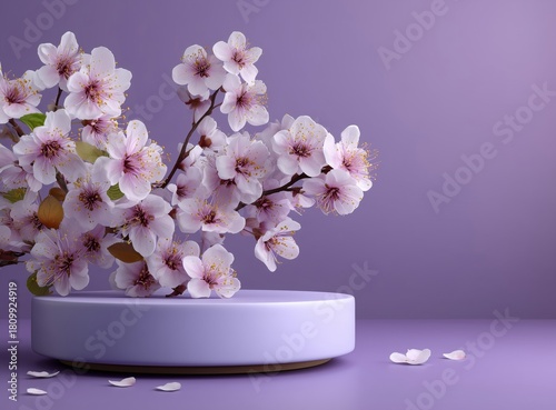 Cherry Blossom Branches Displayed on a Round Pedestal With a Purple Background