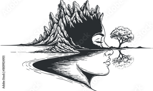 Artistic black and white vector illustration of a woman's profile blending with mountains and a mirrored tree landscape for creative projects