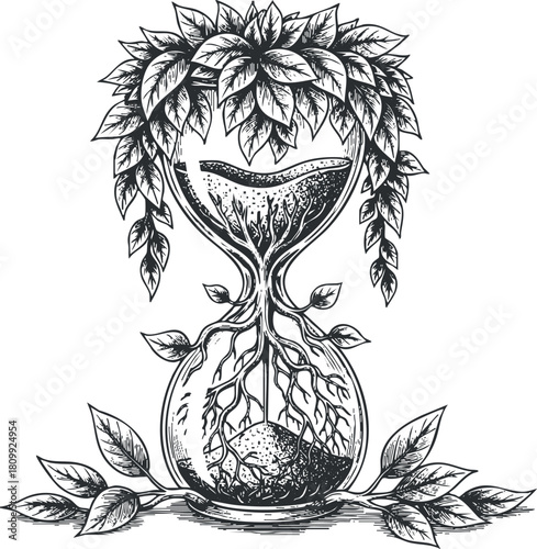 Detailed black and white vector illustration of an hourglass intertwined with leaves and roots, symbolizing growth and the passage of time.