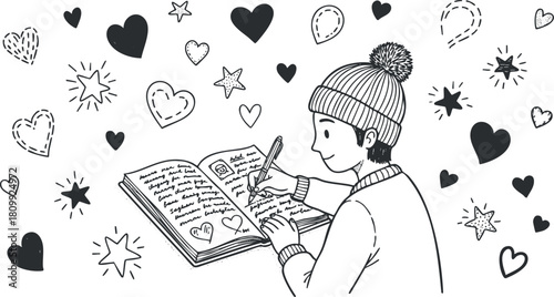 Whimsical black and white vector illustration of a child writing in a notebook surrounded by hearts and stars, perfect for creative projects