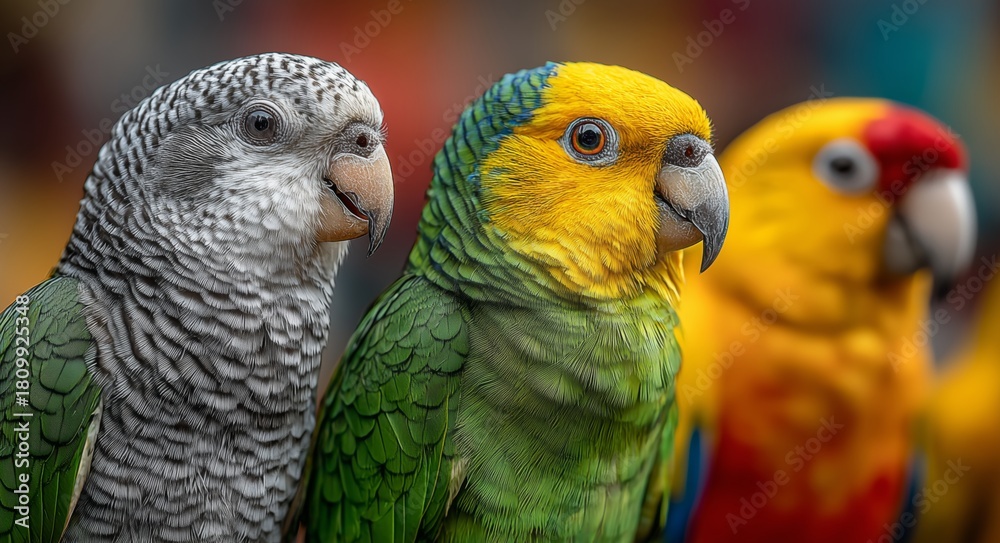 Fototapeta premium Colorful Parrots Perched Together in a Vibrant Setting During Daylight