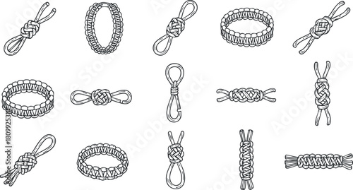 Outline vector illustration of various knot designs suitable for crafts, DIY projects, and textile applications