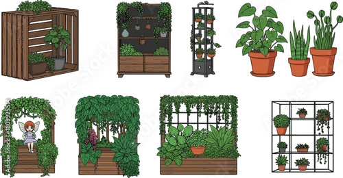 Indoor plant shelf collection featuring lush greenery, wooden planters, vertical gardens, potted plants, and decorative botanical arrangements for home decor illustrations