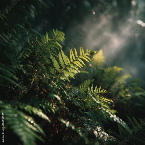 Ferns Flourish in Sun-Drenched Forest During Morning Mist in Nature