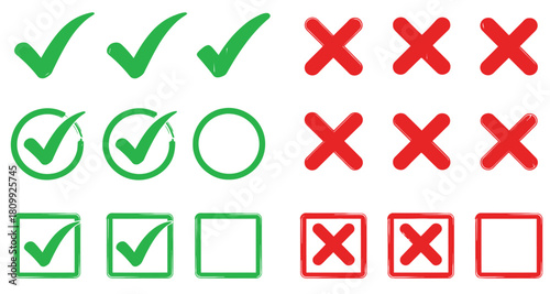 Check marks and crosses in different styles vector