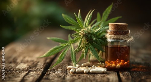 Natural Remedies for Health With Herbal Capsules and Cannabis Oil on Wooden S...