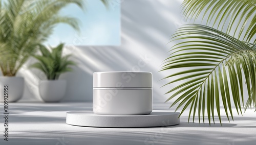 Minimalist Skincare Container Placed on White Pedestal Surrounded by Green Pl...