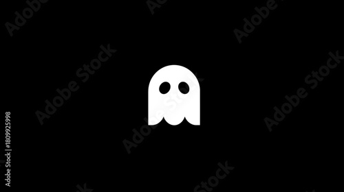 Simple white ghost icon with black eyes, a cute cartoon specter symbol for Halloween, fear, or mystery concept design isolated on black.