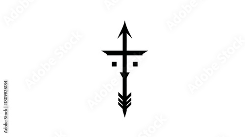 Stylized Black Arrow Cross Symbol Vector Illustration. Minimalist Geometric Design Element representing spirituality, direction, and guidance.