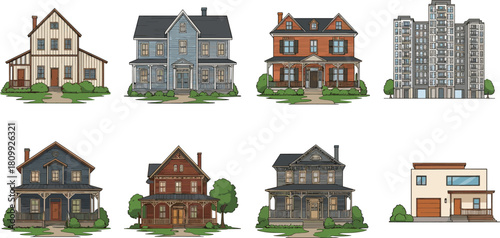 Collection of diverse house illustrations, modern and vintage homes, residential building styles, architectural variety, suburban houses, apartment towers artwork