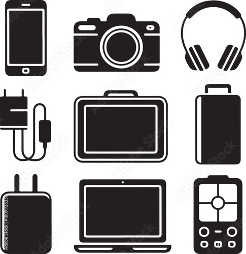 Black and White Silhouette Illustration of Travel Electronics Smartphone Camera Headphones Power Bank Laptop Tablet Travel Adapter Charger Cable GPS Device