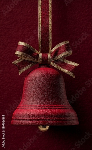 Festive Red Bell With Ribbon Hanging Against a Textured Background