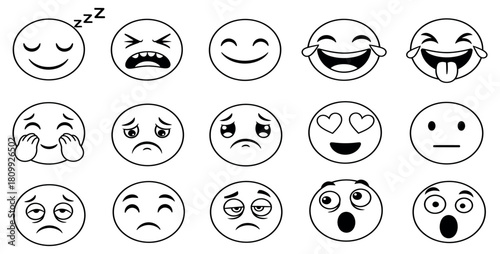 Collection of hand drawn emoji faces black and white