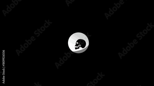 Stylized Black Skull Icon in White Circle on Dark Background - Danger, Warning, Toxicity, Death, Spooky Graphic Symbol