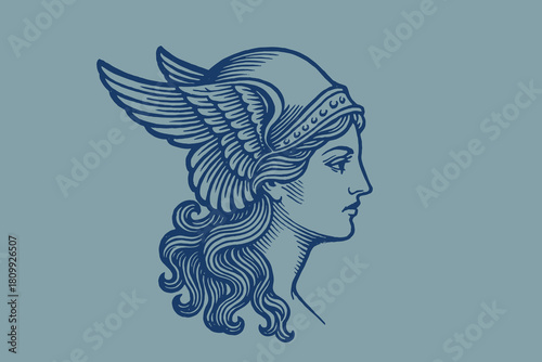 Winged warrior goddess profile engraving style vector illustration