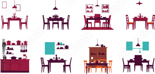 Collection of dining room illustrations, modern kitchen decor, stylish table settings, interior design scenes, contemporary dining furniture artwork