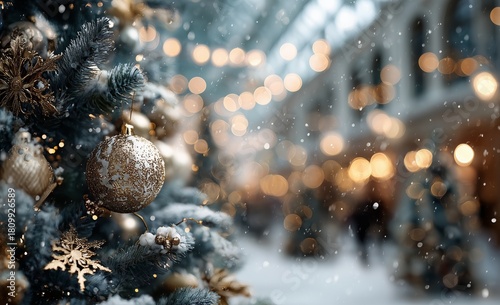 Holiday Decorations Adorn a Festive Tree Inside a Bustling Mall During Winter...