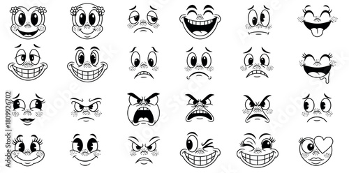 Vintage cartoon faces with various expressions in black and white