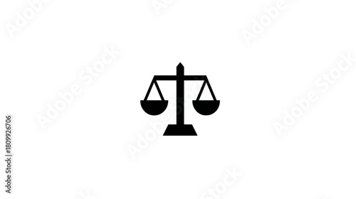 Black balance scale graphic icon representing justice, law, equality, and fairness. Simple legal symbol on white background.