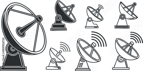 Vector icon set of satellite dishes in various sizes and styles, representing communication technology and signal transmission.