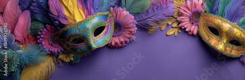 Colorful Decorative Masks With Feathers Displayed Against a Purple Background...