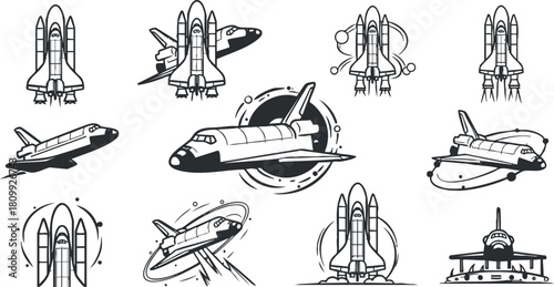 Black and white vector illustration set of space shuttles and rockets for science, technology, and aerospace design projects