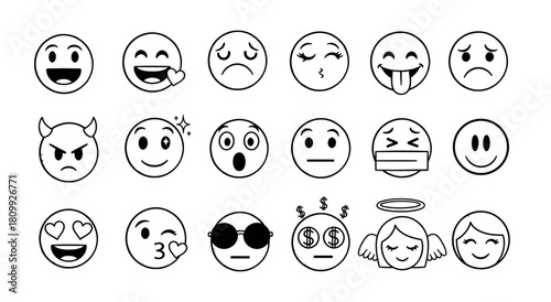 Diverse emoji collection hand drawn style black and white