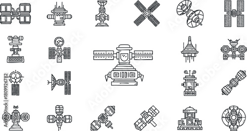 Geometric black and white vector illustration set of futuristic satellites and space vehicles for technology and science projects
