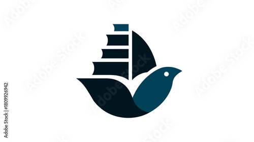 Stylized bird, ship, and book stack symbol representing learning, freedom, and exploration in a modern graphic design