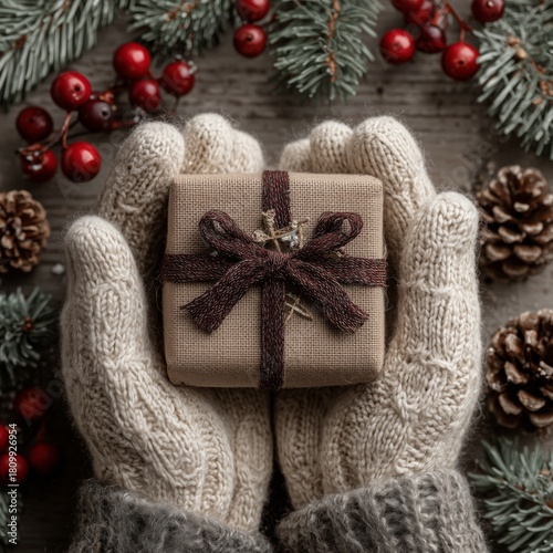 Warm Hands Holding a Small Gift With Pine Cones and Red Berries Around