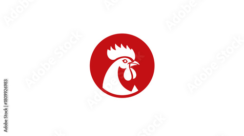 Stylized white rooster head icon in a red circle, flat vector illustration. Modern graphic design for poultry, farm, food, or restaurant branding.