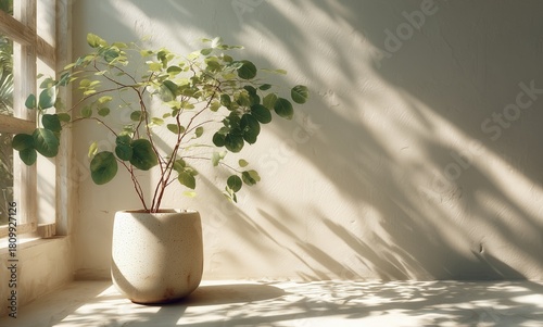 Plants on Windowsill Casting Beautiful Shadows in Warm Afternoon Light