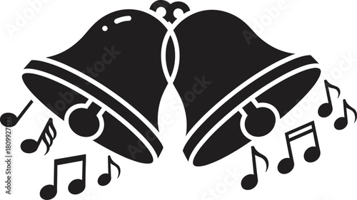 Vector Silhouette of Christmas Bells Ringing with Music Notes, Holiday Carols and Festive Sound