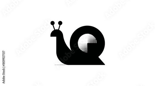 Sleek black snail silhouette with modern 'Q' shape shell and subtle halftone gradient. Minimalist graphic design icon.