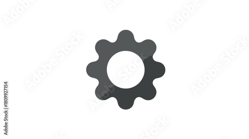 Dark grey gear icon symbol on white background representing settings, system configuration, mechanical process, and engineering concept.