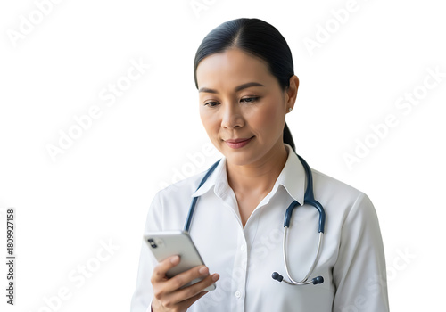 a focused asian female doctor wearing a white coat and stethoscope is intently using a smartphone looking down with a thoughtful expression on