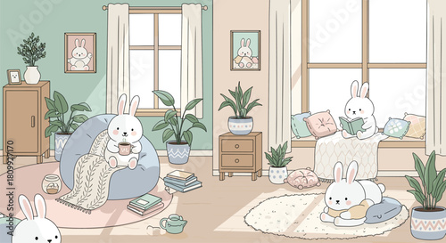 Cute cozy room interior illustration with adorable bunnies relaxing, reading, drinking tea, plants, furniture, soft colors, and warm aesthetic decoration