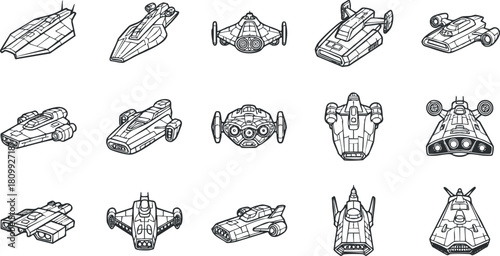 Collection of futuristic spaceship vector icons in outline style, perfect for sci-fi themes and graphic design projects