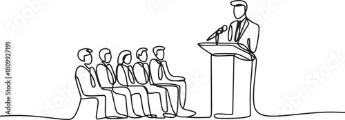 Continuous line design of press conference. Single line decorative element drawn. one line Icon drawing with white background