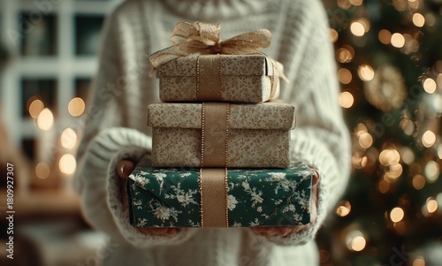 Holiday Gift Giving With Beautifully Wrapped Presents in a Cozy Home Setting