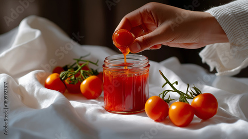 Fototapeta Naklejka Na Ścianę i Meble -  Defocused person holding jar with sharp focused red tomato condiment spilling onto white cotton cloth, with copy space