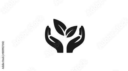 Minimalist black icon of hands cupping green leaves, symbolizing nature care, environmental protection, growth, ecology, and sustainability.