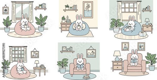 Cute cozy interior illustration set featuring adorable bunnies relaxing on chairs and beanbags with plants, books, soft colors, and warm home decor