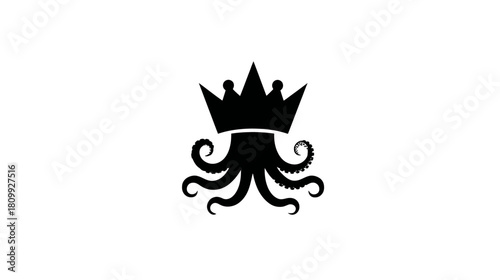 Stylized black silhouette of an octopus with a crown, a regal marine creature emblem or logo concept on white background.