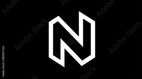 Stylized White Letter N on Black Background: Modern Geometric Uppercase Alphabet Typography Initial Symbol Graphic Design Element