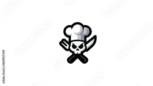 Aggressive chef skull mascot logo with crossed knife and fork. Culinary emblem, cooking team design, or restaurant branding concept.
