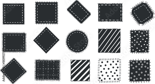 Collection of black and white vector illustrations of stitched fabric patches in various shapes and patterns for crafting and design projects